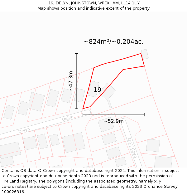 19, DELYN, JOHNSTOWN, WREXHAM, LL14 1UY: Plot and title map
