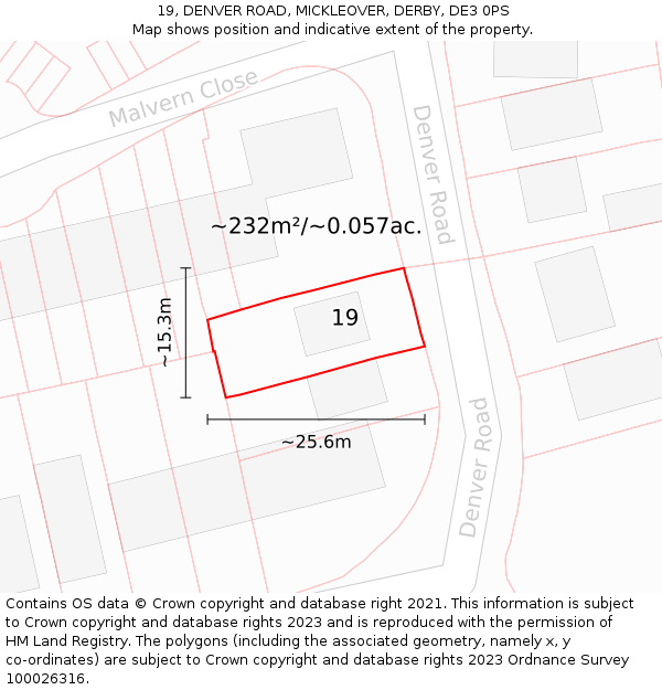 19, DENVER ROAD, MICKLEOVER, DERBY, DE3 0PS: Plot and title map