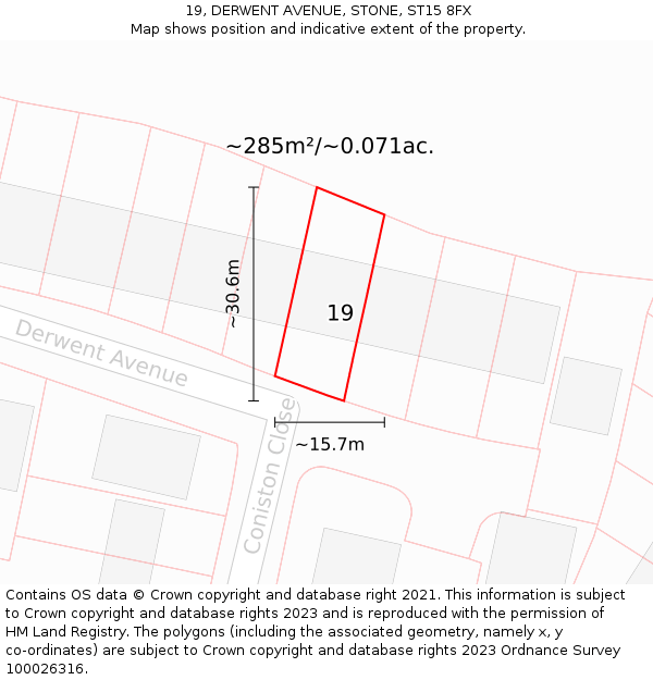 19, DERWENT AVENUE, STONE, ST15 8FX: Plot and title map