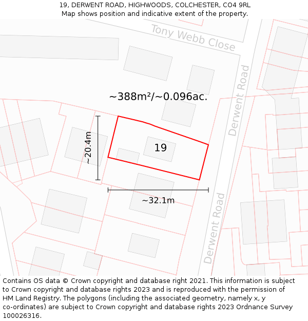 19, DERWENT ROAD, HIGHWOODS, COLCHESTER, CO4 9RL: Plot and title map