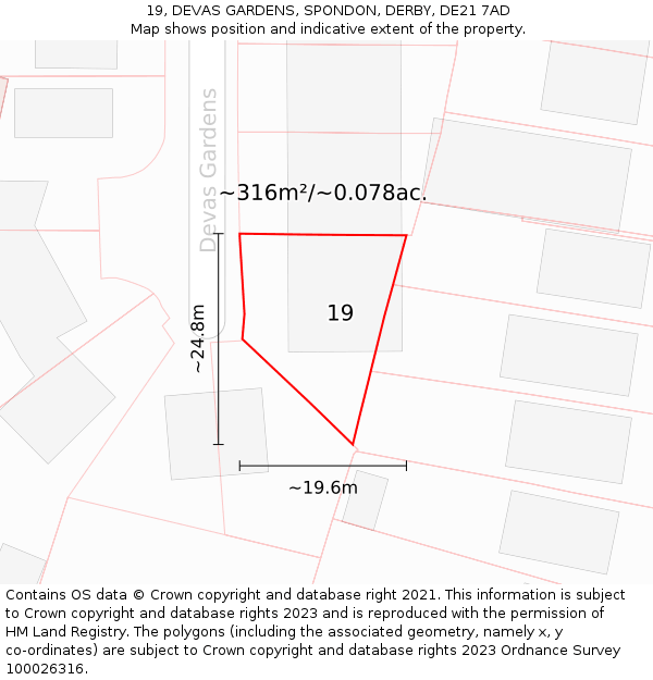 19, DEVAS GARDENS, SPONDON, DERBY, DE21 7AD: Plot and title map