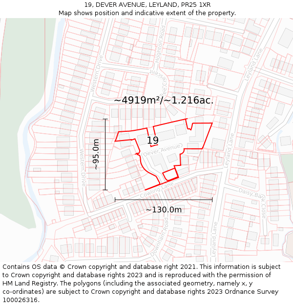 19, DEVER AVENUE, LEYLAND, PR25 1XR: Plot and title map