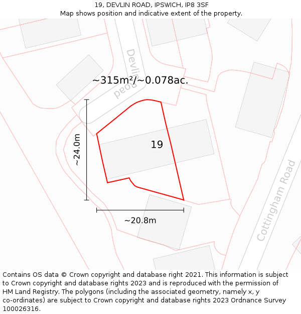 19, DEVLIN ROAD, IPSWICH, IP8 3SF: Plot and title map