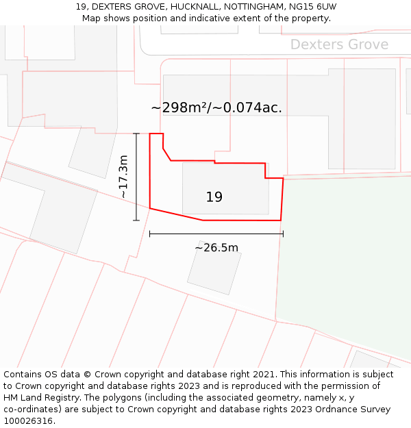 19, DEXTERS GROVE, HUCKNALL, NOTTINGHAM, NG15 6UW: Plot and title map