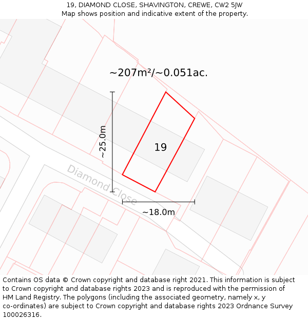 19, DIAMOND CLOSE, SHAVINGTON, CREWE, CW2 5JW: Plot and title map