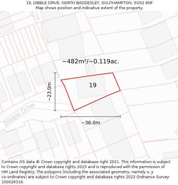 19, DIBBLE DRIVE, NORTH BADDESLEY, SOUTHAMPTON, SO52 9NF: Plot and title map