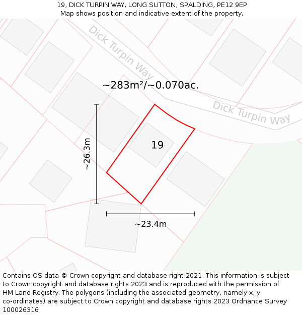 19, DICK TURPIN WAY, LONG SUTTON, SPALDING, PE12 9EP: Plot and title map