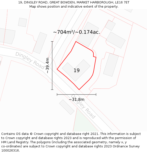 19, DINGLEY ROAD, GREAT BOWDEN, MARKET HARBOROUGH, LE16 7ET: Plot and title map