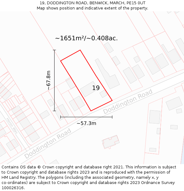 19, DODDINGTON ROAD, BENWICK, MARCH, PE15 0UT: Plot and title map