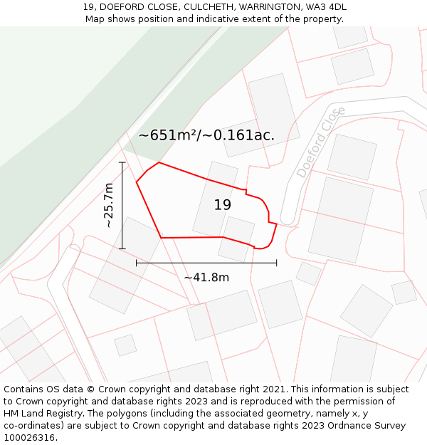 19, DOEFORD CLOSE, CULCHETH, WARRINGTON, WA3 4DL: Plot and title map