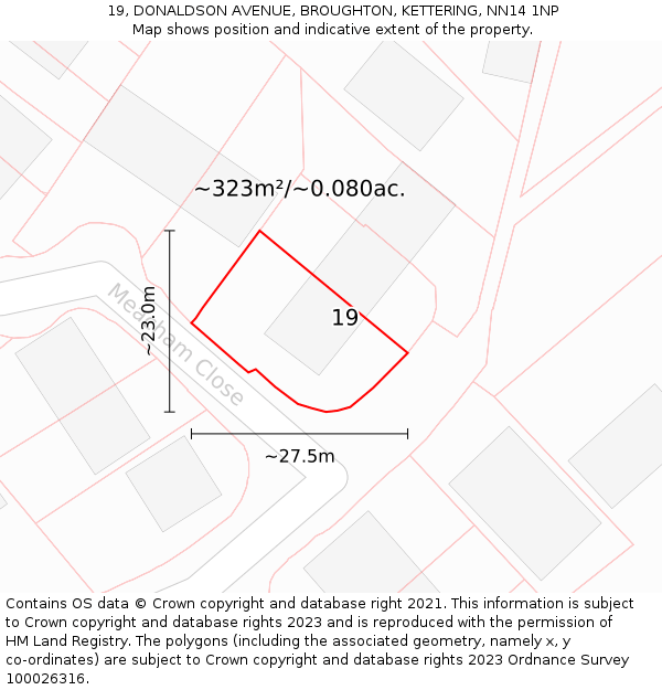 19, DONALDSON AVENUE, BROUGHTON, KETTERING, NN14 1NP: Plot and title map