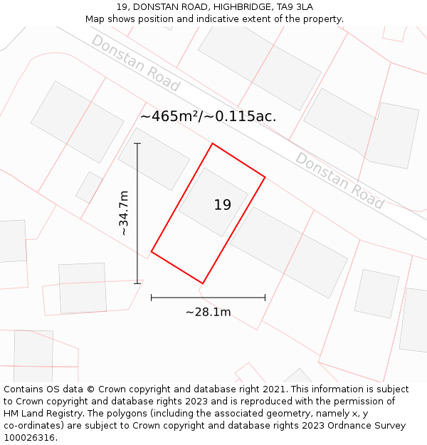 19, DONSTAN ROAD, HIGHBRIDGE, TA9 3LA: Plot and title map
