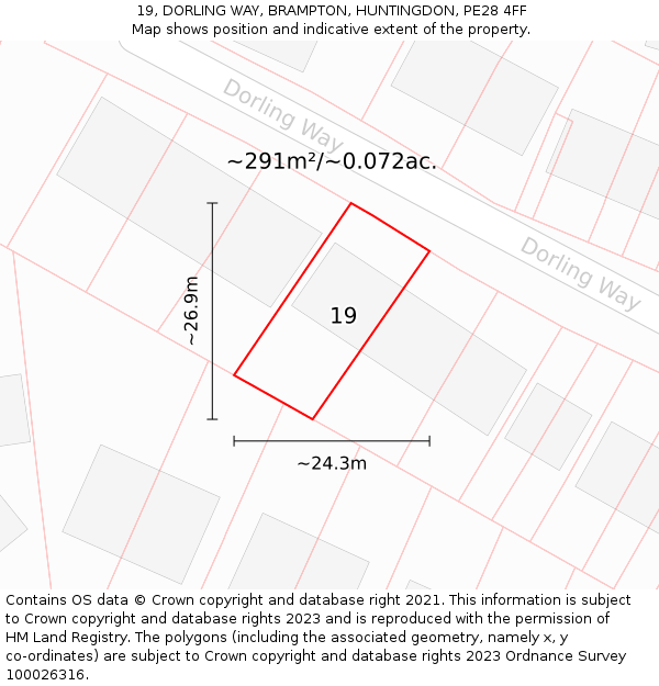 19, DORLING WAY, BRAMPTON, HUNTINGDON, PE28 4FF: Plot and title map