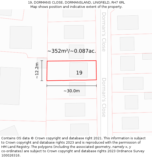 19, DORMANS CLOSE, DORMANSLAND, LINGFIELD, RH7 6RL: Plot and title map