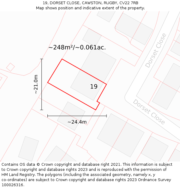 19, DORSET CLOSE, CAWSTON, RUGBY, CV22 7RB: Plot and title map