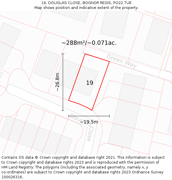 19, DOUGLAS CLOSE, BOGNOR REGIS, PO22 7UE: Plot and title map