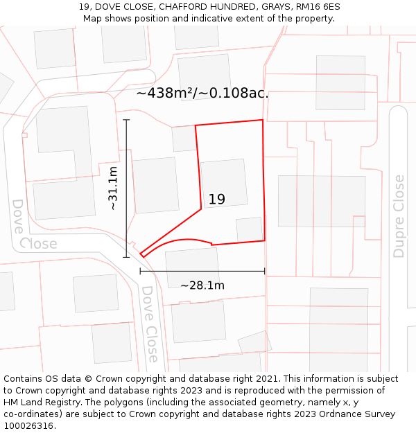 19, DOVE CLOSE, CHAFFORD HUNDRED, GRAYS, RM16 6ES: Plot and title map