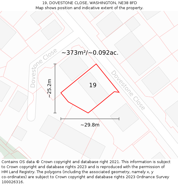 19, DOVESTONE CLOSE, WASHINGTON, NE38 8FD: Plot and title map