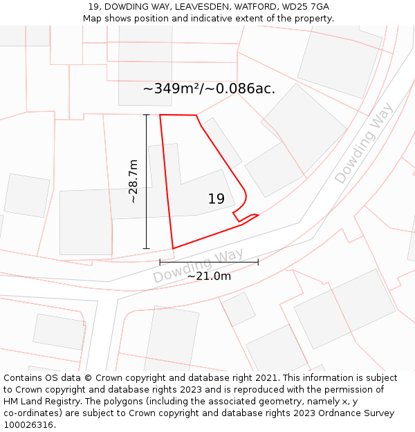 19, DOWDING WAY, LEAVESDEN, WATFORD, WD25 7GA: Plot and title map