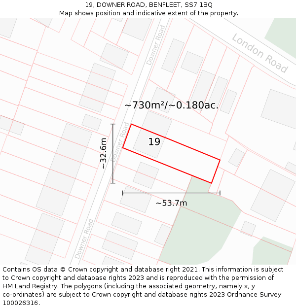 19, DOWNER ROAD, BENFLEET, SS7 1BQ: Plot and title map