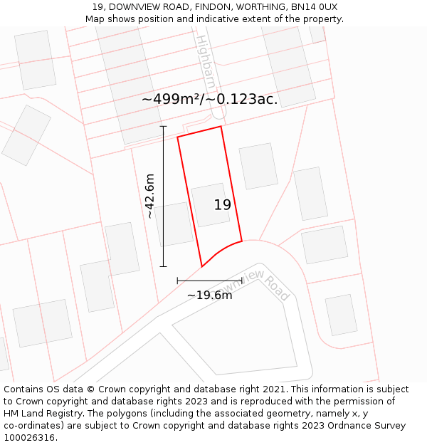 19, DOWNVIEW ROAD, FINDON, WORTHING, BN14 0UX: Plot and title map