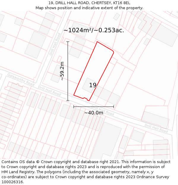 19, DRILL HALL ROAD, CHERTSEY, KT16 8EL: Plot and title map