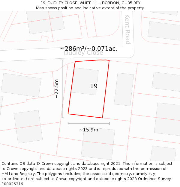19, DUDLEY CLOSE, WHITEHILL, BORDON, GU35 9PY: Plot and title map