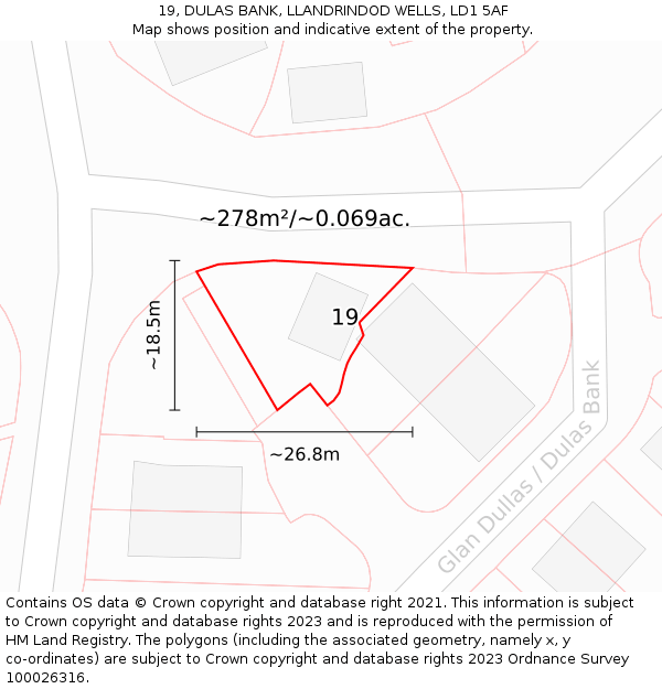 19, DULAS BANK, LLANDRINDOD WELLS, LD1 5AF: Plot and title map