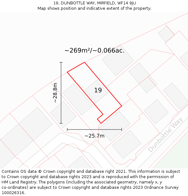 19, DUNBOTTLE WAY, MIRFIELD, WF14 9JU: Plot and title map