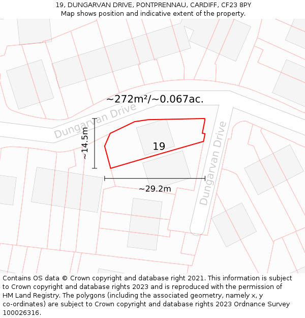 19, DUNGARVAN DRIVE, PONTPRENNAU, CARDIFF, CF23 8PY: Plot and title map