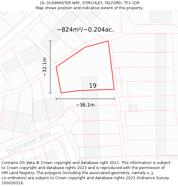 19, DUNMASTER WAY, STIRCHLEY, TELFORD, TF3 1DR: Plot and title map