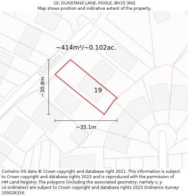 19, DUNSTANS LANE, POOLE, BH15 3NQ: Plot and title map