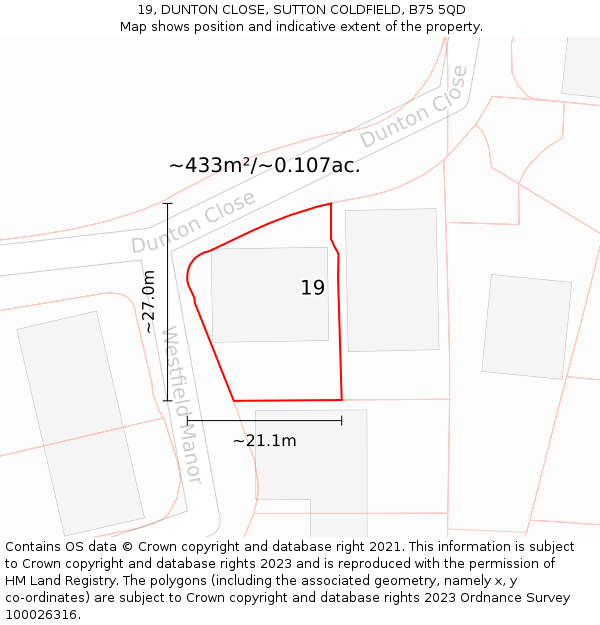 19, DUNTON CLOSE, SUTTON COLDFIELD, B75 5QD: Plot and title map
