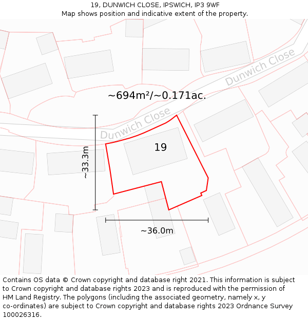 19, DUNWICH CLOSE, IPSWICH, IP3 9WF: Plot and title map