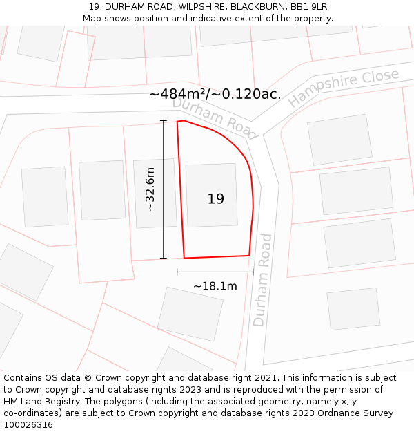 19, DURHAM ROAD, WILPSHIRE, BLACKBURN, BB1 9LR: Plot and title map