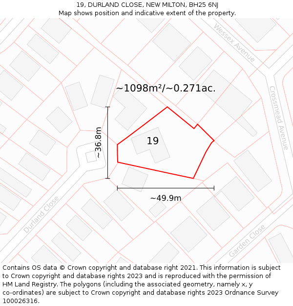 19, DURLAND CLOSE, NEW MILTON, BH25 6NJ: Plot and title map