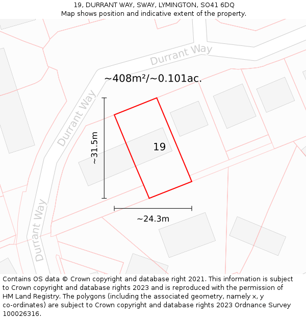 19, DURRANT WAY, SWAY, LYMINGTON, SO41 6DQ: Plot and title map