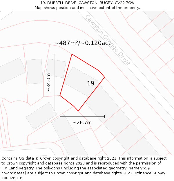 19, DURRELL DRIVE, CAWSTON, RUGBY, CV22 7GW: Plot and title map