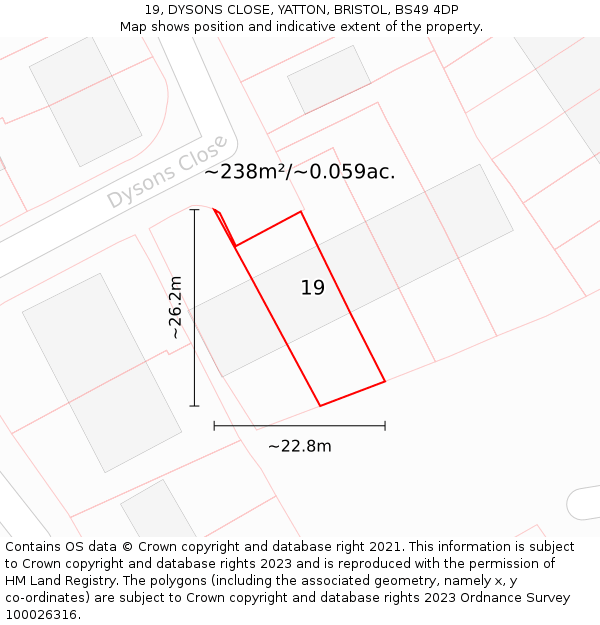 19, DYSONS CLOSE, YATTON, BRISTOL, BS49 4DP: Plot and title map