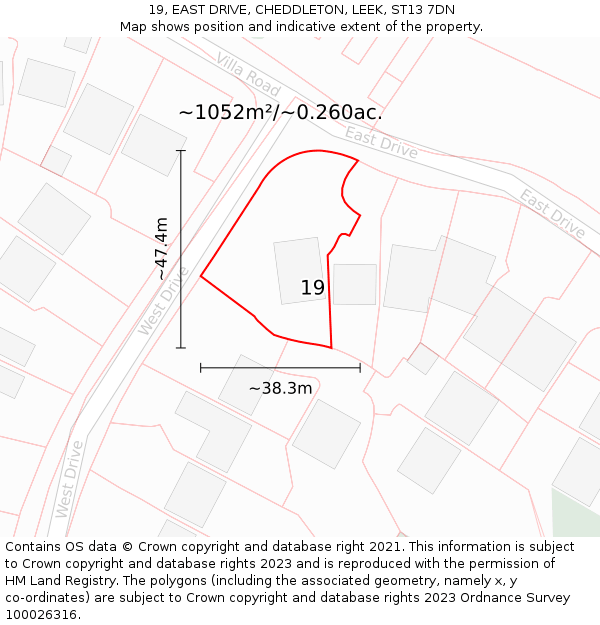 19, EAST DRIVE, CHEDDLETON, LEEK, ST13 7DN: Plot and title map