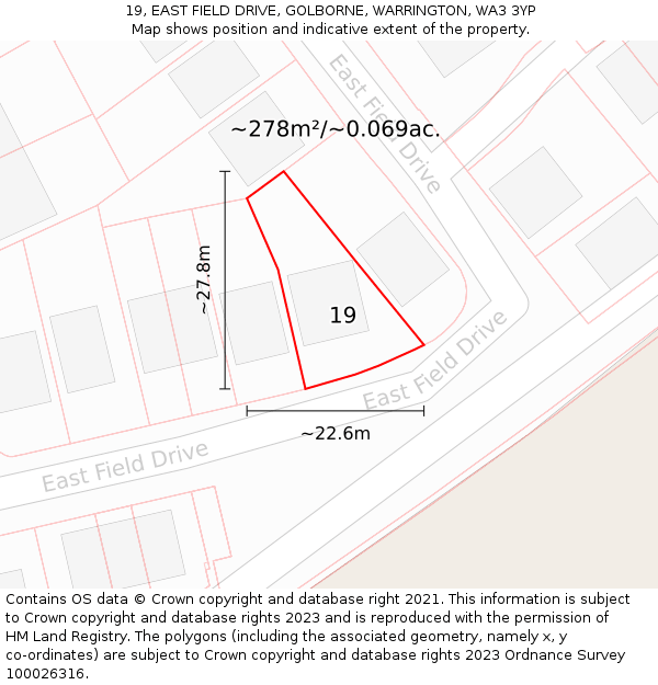 19, EAST FIELD DRIVE, GOLBORNE, WARRINGTON, WA3 3YP: Plot and title map