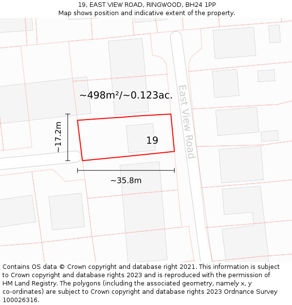 19, EAST VIEW ROAD, RINGWOOD, BH24 1PP: Plot and title map