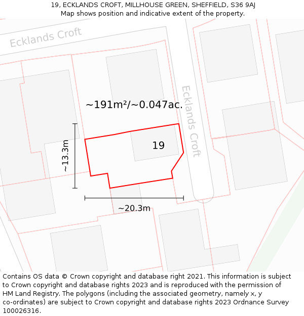19, ECKLANDS CROFT, MILLHOUSE GREEN, SHEFFIELD, S36 9AJ: Plot and title map
