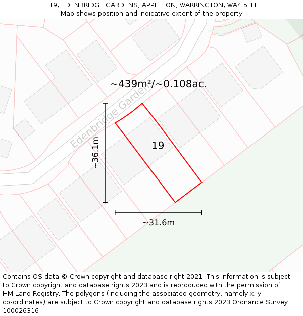 19, EDENBRIDGE GARDENS, APPLETON, WARRINGTON, WA4 5FH: Plot and title map