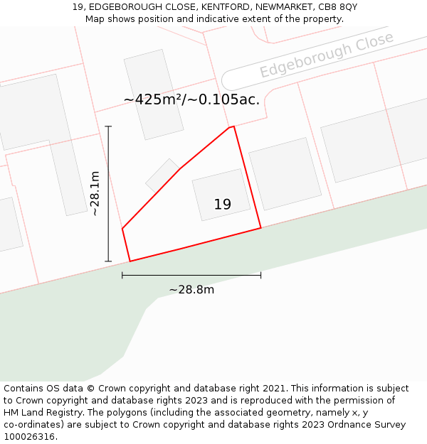 19, EDGEBOROUGH CLOSE, KENTFORD, NEWMARKET, CB8 8QY: Plot and title map