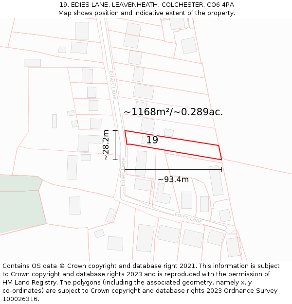 19, EDIES LANE, LEAVENHEATH, COLCHESTER, CO6 4PA: Plot and title map