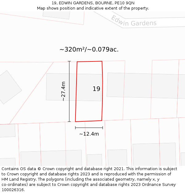 19, EDWIN GARDENS, BOURNE, PE10 9QN: Plot and title map