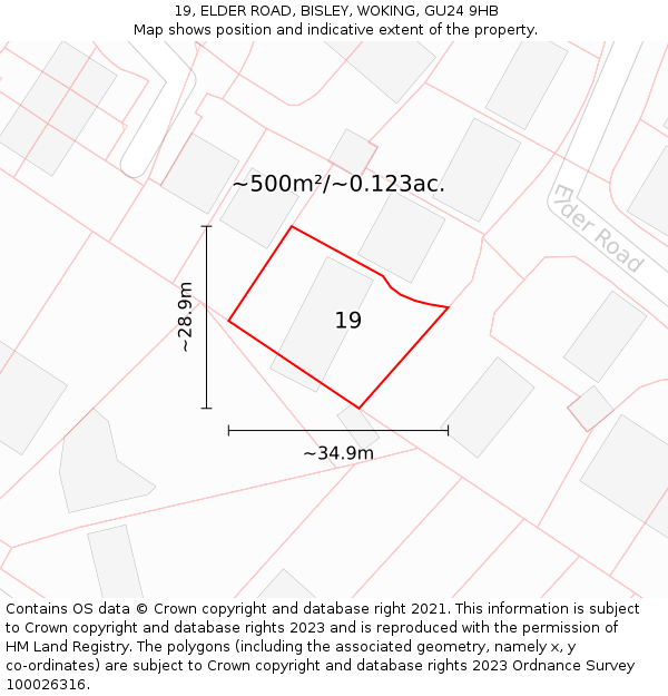 19, ELDER ROAD, BISLEY, WOKING, GU24 9HB: Plot and title map