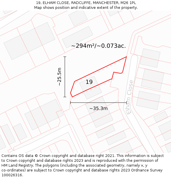 19, ELHAM CLOSE, RADCLIFFE, MANCHESTER, M26 1PL: Plot and title map