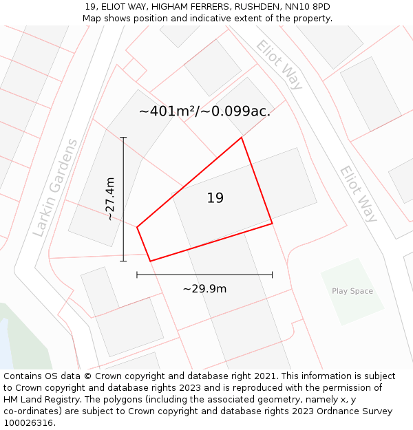 19, ELIOT WAY, HIGHAM FERRERS, RUSHDEN, NN10 8PD: Plot and title map